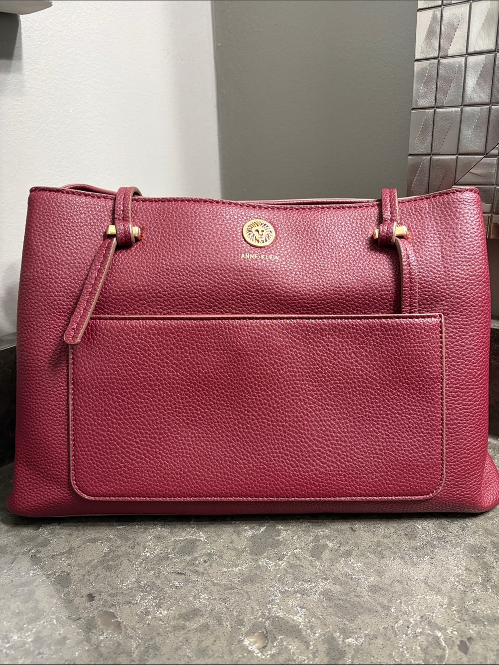 Anne Klein Pebbled Tote in Burgundy with Gold Hardware